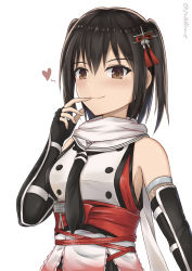 Rule 34 | 1girl, black hair, black neckerchief, black skirt, breasts, brown eyes, buttons, double-breasted, elbow gloves, fingerless gloves, gloves, hair ornament, heart, highres, kantai collection, medium breasts, neckerchief, scarf, school uniform, sendai (kancolle), sendai kai ni (kancolle), serafuku, skirt, sleeveless, solo, two side up, upper body, white scarf, zuikillme