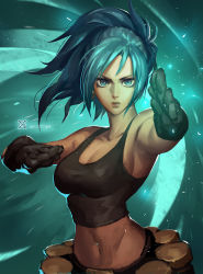 Rule 34 | 1girl, armpits, arms up, artist name, belt, black gloves, blue background, blue eyes, blue hair, breasts, cleavage, crop top, earrings, eyelashes, eyeliner, fighting stance, foreshortening, furrowed brow, gloves, highres, jewelry, large breasts, leona heidern, light particles, lips, long hair, looking at viewer, makeup, matching hair/eyes, midriff, motion blur, navel, outstretched arm, ponytail, red lips, serious, sideboob, signature, solo, stomach, tank top, the king of fighters, upper body, xiaoguimist