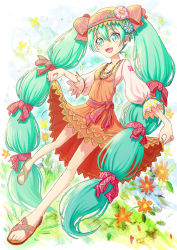 Rule 34 | 1girl, :d, dress, flower, green eyes, green hair, hatsune miku, jewelry, long hair, matching hair/eyes, nail polish, necklace, open mouth, pavelnedved11, sandals, skirt hold, smile, solo, toenail polish, toenails, twintails, very long hair, vocaloid