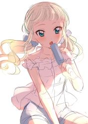 Rule 34 | 1girl, aikatsu!, aikatsu! (series), blonde hair, blue bow, blue shorts, blush, bow, commentary request, fang, food, hair bow, highres, holding, long hair, looking away, low twintails, open mouth, popsicle, sekina, shirt, short shorts, shorts, sitting, sketch, solo, sweatdrop, todo yurika, twintails, white shirt