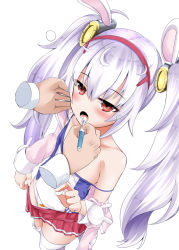 Rule 34 | 1girl, animal ears, azur lane, bare shoulders, blush, brushing teeth, camisole, carrot print, clothes pull, collarbone, commentary request, convenient censoring, dutch angle, food print, hair between eyes, hair ornament, hairband, jacket, laffey (azur lane), long hair, long sleeves, off shoulder, open mouth, panties, pink jacket, pleated skirt, print panties, rabbit ears, red eyes, red hairband, red skirt, shirosuzu, silver hair, simple background, skirt, skirt pull, sleepy, solo focus, strap slip, thighhighs, toothbrush, twintails, underwear, very long hair, white background, white camisole, white panties, white thighhighs