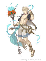 Rule 34 | 1boy, abs, ahoge, aladdin (sinoalice), blonde hair, blue eyes, bouquet, bracer, flower, full body, highres, holding, holding staff, jewelry, ji no, looking at viewer, male swimwear, necklace, official art, oil lamp, petals, sandals, shorts, sinoalice, smile, solo, square enix, staff, sunglasses, swim trunks, swimsuit, tattoo, white background, white male swimwear, white swim trunks