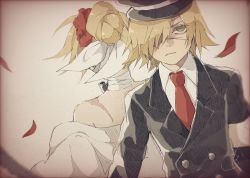 Rule 34 | 1boy, 1girl, aqua eyes, back-to-back, bare shoulders, black suit, blonde hair, blouse, buttons, double-breasted, falling petals, formal, frown, gun, hair over one eye, hat, highres, kagamine len, kagamine rin, karakuri burst (vocaloid), looking at viewer, military, military hat, military uniform, necktie, paripariparingo, petals, red neckwear, scar, scar on face, shirt, suit, uniform, upper body, v-shaped eyebrows, vignetting, vocaloid, weapon, white shirt