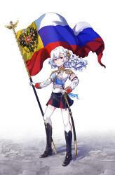 Rule 34 | 1girl, alpha1918, artist request, boots, braid, cross, curly hair, hair ornament, hand on own hip, highres, iron cross, looking at viewer, military, military uniform, red eyes, russian, russian flag, saber (weapon), sash, skirt, sword, thighhighs, uniform, weapon, white background, white hair, white thighhighs