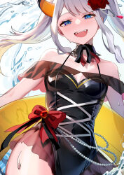 1girl absurdres bow flower green_eyes hair_flower hair_ornament highres horns innertube levi_elipha looking_at_viewer mo_(mornmorm) nijisanji open_mouth red_bow red_flower sharp_teeth simple_background solo swim_ring teeth upper_teeth_only virtual_youtuber water wet white_hair