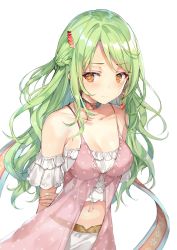 Rule 34 | 1girl, arms behind back, bare shoulders, blush, braid, breasts, character request, choker, cleavage, collarbone, earrings, green hair, hair ornament, heart, heart earrings, heart hair ornament, highres, jewelry, light smile, lingerie, long hair, looking to the side, midriff, momoko (momopoco), nail polish, navel, negligee, original, pink nails, simple background, smile, solo, underwear, white background, yellow eyes
