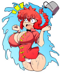 Rule 34 | 1girl, absurdres, alternate breast size, bare legs, blue eyes, blush, bouncing breasts, braid, breasts, curvy, dragoontequila, genderswap, genderswap (mtf), highres, large breasts, long hair, moaning, no bra, open mouth, ranma-chan, ranma 1/2, red hair, saotome ranma, single braid, sitting, solo, thighs, upper body, water