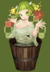 Rule 34 | 1girl, :p, absurdres, bare shoulders, breasts, bright pupils, bucket, citone, collarbone, commentary request, green background, green eyes, green hair, hair bobbles, hair ornament, hands up, highres, in bucket, in container, kisume, light blush, looking at viewer, off shoulder, partially submerged, robe, short bangs, short hair, simple background, small breasts, solo, tongue, tongue out, touhou, twintails, water, white robe, ||/