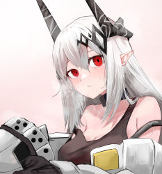 Rule 34 | 1girl, absurdres, ao oni (onioni-aoi), arknights, bare shoulders, black collar, blush, breasts, cleavage, collar, commentary request, gradient background, hair between eyes, highres, horns, infection monitor (arknights), long hair, looking at viewer, medium breasts, mudrock (arknights), mudrock (elite ii) (arknights), parted lips, pink background, pointy ears, red eyes, silver hair, solo, strap slip, upper body, white background