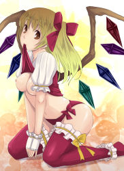 Rule 34 | 1girl, aged up, ankle garter, asymmetrical hair, blonde hair, breasts, cleavage, clothes lift, embodiment of scarlet devil, female focus, fingerless gloves, flandre scarlet, floral background, frilled thighhighs, frills, gloves, gustav (telomere na), hip focus, kneeling, looking at viewer, mouth hold, navel, nipples, no bra, no headwear, no pants, panties, ponytail, red panties, red thighhighs, seductive smile, seiza, shiny clothes, shiny skin, shirt lift, short hair, side-tie panties, side ponytail, sitting, small breasts, smile, solo, thighhighs, touhou, underwear, v arms, wings, yellow eyes