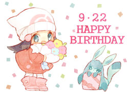 Rule 34 | 1girl, beanie, blue eyes, blue flower, blue ribbon, blush stickers, boots, bouquet, bright pupils, chibi, coat, commentary, confetti, creatures (company), dated, dawn (pokemon), flower, full body, game freak, gen 4 pokemon, gift, glaceon, happy birthday, hat, holding, holding bouquet, kneehighs, looking at viewer, looking down, mgomurainu, nintendo, open mouth, pink flower, pink footwear, pokemon, pokemon (creature), pokemon dppt, pokemon platinum, red coat, ribbon, scarf, smile, socks, standing, white background, white headwear, white scarf, white socks, yellow flower