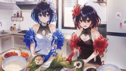 Rule 34 | 2girls, ahoge, artist request, bare shoulders, black dress, black hair, blue eyes, blue gloves, blue hair, breasts, chinese clothes, chinese food, cleavage, cleavage cutout, closed mouth, clothing cutout, colored inner hair, cooking, day, dragon boat festival, drawer, dress, dual persona, flower, food, gloves, hair flower, hair ornament, heart, height difference, highres, holding, holding food, honkai (series), honkai impact 3rd, indoors, kitchen, light blush, looking at another, looking at food, medium breasts, multicolored hair, multiple girls, official alternate costume, official art, open mouth, red eyes, red flower, red gloves, red hair, refrigerator, rice, seele (alter ego), seele vollerei, seele vollerei (stygian nymph), short hair, single bare arm, single glove, sink, sleeveless, smile, spoon, standing, sticker, white dress, white flower, window