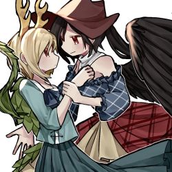 Rule 34 | 2girls, antlers, bare shoulders, black hair, blonde hair, blue bow, blue dress, blue shirt, blue skirt, bow, breasts, brown headwear, closed mouth, commentary request, cowboy hat, dragon tail, dress, hair between eyes, hand up, hat, horns, kicchou yachie, kurokoma saki, long hair, long sleeves, looking at another, medium breasts, multicolored clothes, multicolored dress, multiple girls, off-shoulder dress, off shoulder, plaid, plaid dress, ponytail, puffy short sleeves, puffy sleeves, red dress, red eyes, scarf, shirt, short hair, short sleeves, simple background, skirt, smile, standing, tail, touhou, turtle shell, white background, white scarf, wings, yellow dress, yuejinlin, yuri