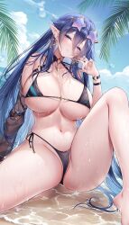 Rule 34 | 1girl, absurdres, bare shoulders, barefoot, bikini, blue hair, blush, breasts, collarbone, commentary, earrings, hair between eyes, heart, highres, jewelry, large breasts, long hair, long sleeves, looking at viewer, navel, original, outdoors, parted lips, pointy ears, sideboob, sitting, solo, sora 72-iro, star-shaped eyewear, star (symbol), star earrings, stomach, sunglasses, swimsuit, symbol-only commentary, thighs, underboob, wet