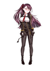 Rule 34 | 1girl, absurdres, alice, bipod, black footwear, black gloves, black pantyhose, blazer, blunt bangs, blush, braid, breasts, brown hair, buttons, collared shirt, double-breasted, embarrassed, floating hair, framed breasts, french braid, from below, full body, girls&#039; frontline, gloves, hair between eyes, hair ribbon, half updo, hand up, hands on thighs, head tilt, highres, jacket, large breasts, long hair, looking at viewer, necktie, one side up, open mouth, pantyhose, purple hair, red eyes, red necktie, ribbon, shirt, shoes, sidelocks, simple background, solo, standing, striped clothes, striped shirt, thighband pantyhose, thighs, tsurime, very long hair, wa2000 (girls&#039; frontline), white background, white shirt
