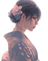 Rule 34 | 1girl, chainsaw man, flower, hair bun, hair flower, hair ornament, highres, japanese clothes, jujutsu kaisen, kimono, looking to the side, mahito (jujutsu kaisen), obi, sash, short hair, simple background, solo, stitched face, stitched neck, stitches, wengwengchim, white background