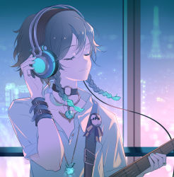 Rule 34 | 1boy, alternate costume, androgynous, black hair, blue hair, cable, choker, closed eyes, colored tips, genshin impact, green hair, guitar, hand on headphones, headband, highres, instrument, jewelry, multicolored hair, necklace, pale skin, trap, vanink, venti (genshin impact), wire