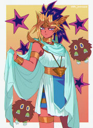 Rule 34 | 1girl, atem, blonde hair, border, bright pupils, cape, choker, closed mouth, commentary, dark-skinned female, dark skin, duel monster, earrings, genderswap, genderswap (mtf), green cape, highres, holding, jewelry, kuriboh, looking at viewer, millennium puzzle, on (isk1812), ponytail, purple eyes, purple hair, smile, solo, spiked hair, star (symbol), thighlet, tm), white border, white pupils, yu-gi-oh!, yu-gi-oh! duel monsters