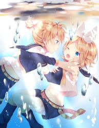 Rule 34 | 1boy, 1girl, ;o, absurdres, air bubble, blonde hair, blue eyes, bow, brother and sister, bubble, fang, hand on another&#039;s cheek, hand on another&#039;s face, highres, kagamine len, kagamine rin, midriff, navel, one eye closed, pirumjuice, siblings, smile, twins, underwater, vocaloid