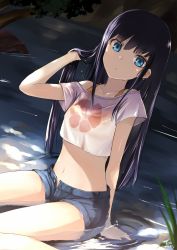 Rule 34 | 1girl, artist name, black hair, blue eyes, blurry, bra strap, commentary request, crop top, denim, denim shorts, depth of field, female focus, floral print, hand in own hair, highres, in water, long hair, looking at viewer, making-of available, midriff, navel, original, outdoors, plant, print shirt, shirt, short shorts, shorts, sitting, sitting on water, solo, tea (nakenashi), unbuttoned, water, wet, wet hair, white shirt