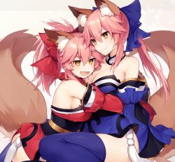 Rule 34 | 10s, 2girls, :d, animal ear fluff, animal ears, animal hands, blue thighhighs, breasts, choker, cleavage, collar, detached sleeves, dual persona, fang, fate/extra, fate/grand order, fate (series), female focus, fox ears, fox tail, hair ribbon, hug, japanese clothes, large breasts, long hair, multiple girls, muryotaro, no bra, open mouth, pink hair, ribbon, sideboob, simple background, smile, sweatdrop, tail, tamamo (fate), tamamo cat (fate), tamamo no mae (fate/extra), thighhighs, white background, yellow eyes