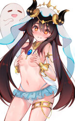 Rule 34 | 1girl, absurdres, black hair, blush, boo tao (genshin impact), breasts, brooch, circlet, closed mouth, cosplay, covering nipples, covering privates, cowboy shot, detached sleeves, fake horns, genshin impact, hair between eyes, highres, horns, hu tao (genshin impact), jewelry, long hair, long sleeves, looking at viewer, midriff, navel, nilou (genshin impact), nilou (genshin impact) (cosplay), orange eyes, simple background, small breasts, solo, standing, stomach, thighlet, thighs, topless, twintails, veil, very long hair, white background, white veil, xiaoan ovo