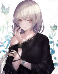 Rule 34 | 1girl, absurdres, black dress, bug, butterfly, closed mouth, collarbone, dress, earrings, hair between eyes, highres, holding, insect, jewelry, long hair, necklace, off shoulder, original, red eyes, ring, silver hair, solo, straight hair, tachikawa mushimaro, upper body, watch, white background, wristwatch