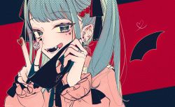 1girl bad_id bad_twitter_id black_nails black_ribbon blue_eyes blush commentary ear_piercing hair_behind_ear hair_ornament hair_ribbon hatsune_miku heart heart_hair_ornament holding holding_mask jewelry jirai_kei long_hair mask nail_polish piercing pink_shirt ribbon ring shirt smile solo twintails v vampire_(vocaloid) vocaloid xoco