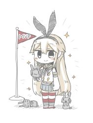 Rule 34 | 10s, 1girl, :3, bad id, bad twitter id, black eyes, blue ribbon, blue skirt, brown hair, chibi, closed mouth, commentary request, elbow gloves, flag, gloves, hairband, highres, kantai collection, long hair, long sleeves, multicolored clothes, multicolored legwear, mvp, pleated skirt, rensouhou-chan, ribbon, school uniform, serafuku, shimakaze (kancolle), simple background, skirt, solo, thighhighs, white background, yuasan