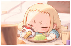 Rule 34 | 1girl, :&lt;, blonde hair, blurry, blurry background, blurry foreground, child, depth of field, drooling, food, holding, holding spoon, kozato (yu kozato), little blonde girl (kozato), original, pudding, short bangs, sleeping, solo, spoon, stuffed toy, twintails