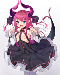 Rule 34 | absurdres, blue eyes, curled horns, detached sleeves, elizabeth bathory (fate), elizabeth bathory (fate/extra ccc), elizabeth bathory (first ascension) (fate), fate/grand order, fate (series), gradient background, grey background, hair ribbon, highres, horns, long hair, looking at viewer, open mouth, pantyhose, pink hair, pointy ears, purple ribbon, ribbon, solo, tail, white pantyhose, ziro (zirorong)
