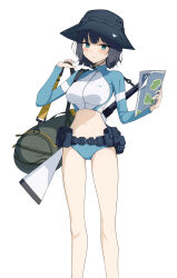 Rule 34 | 1girl, absurdres, bag, belt, belt pouch, bikini, bikini bottom only, black belt, black hair, black hat, bllustration, blue archive, blue bikini, blush, breasts, bucket hat, closed mouth, commentary request, duffel bag, feet out of frame, green bag, green eyes, gun, hand up, hat, highres, holding, holding map, jacket, large breasts, long sleeves, looking at viewer, map, multicolored clothes, multicolored jacket, official alternate costume, pouch, rash guard, saki (blue archive), saki (swimsuit) (blue archive), short hair, simple background, solo, standing, swimsuit, two-tone jacket, utility belt, weapon, white background