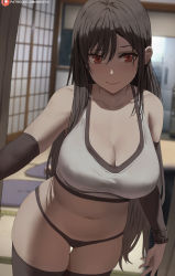 Rule 34 | 1girl, bare shoulders, black hair, black panties, black thighhighs, blurry, blurry background, breasts, cleavage, closed mouth, collarbone, commentary, cowboy shot, crop top, detached sleeves, dot nose, female focus, final fantasy, final fantasy vii, final fantasy vii remake, hair between eyes, highres, indoors, large breasts, leaning forward, light smile, long hair, looking at viewer, midriff, navel, no pants, outstretched arm, panties, parted bangs, patreon logo, patreon username, shexyo, shouji, sliding doors, solo, square enix, standing, tatami, thigh gap, thighhighs, thighs, tifa lockhart, underwear, watermark, web address