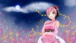 Rule 34 | 1girl, absurdres, adore (adoredesu), bad anatomy, bad hands, black hair, cloud, dyed bangs, fireflies, flower, full moon, hair flower, hair ornament, highres, japanese clothes, kimono, moon, multicolored hair, open mouth, osu!, outdoors, pink hair, pippi (osu!), poorly drawn, solo, star (sky), streaked hair, twitter username, two-tone hair