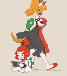 Rule 34 | 2girls, apron, bandana, black dress, blonde hair, bowser jr., bowsette, child, dress, earrings, fang, horns, jewelry, mario (series), mother and daughter, multiple girls, new super mario bros. u deluxe, nintendo, nintendo switch, playing games, pointy ears, red eyes, red hair, shell, short ponytail, slippers, super crown, tetuhei