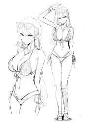 Rule 34 | 1girl, absurdres, arms behind back, bikini, blush, bracelet, breasts, enokido (reido1177), eyewear on head, frown, highres, jewelry, large breasts, monochrome, multiple bracelets, multiple views, navel, necklace, original, sandals, side-tie bikini bottom, sketch, solo, string bikini, sunglasses, swimsuit