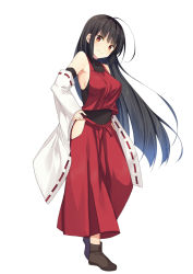 Rule 34 | 1girl, ahoge, bekotarou, black hair, blush, breasts, closed mouth, detached sleeves, hakama, hand on own hip, happy, head tilt, hip vent, japanese clothes, leotard, long hair, looking at viewer, medium breasts, miko, nontraditional miko, red eyes, red hakama, sendai hakurei no miko, shoes, sideboob, simple background, smile, solo, standing, touhou, very long hair, white background, wide sleeves