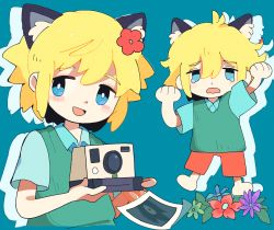 Rule 34 | 1boy, animal ears, basil (omori), blonde hair, blue background, blue eyes, blush, camera, cat boy, cat ears, flower, highres, hishimatope, holding, holding camera, kemonomimi mode, looking at viewer, male focus, omori, open mouth, photo (object), short hair, simple background, smile