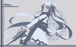 Rule 34 | 1girl, cangkong, copyright name, holding, holding sword, holding weapon, long hair, monochrome, ponytail, rwby, solo, sword, very long hair, watermark, weapon, web address, weiss schnee, white hair