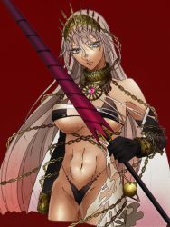Rule 34 | abs, bikini, black bikini, blue eyes, breasts, chain, collar, crown, elbow gloves, fate/grand order, fate (series), frown, gloves, gold chain, grey hair, large breasts, long hair, multicolored hair, om 2 log, pink hair, polearm, solo, swimsuit, tan, weapon, zenobia (fate)