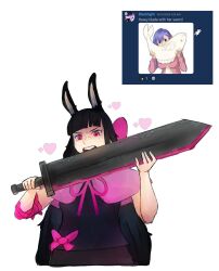 1girl absurdres animal_ears black_hair black_shirt black_skirt blunt_bangs capelet commentary dyo_(dobusuto) english_commentary fate/stay_night fate_(series) greatsword heart heavyblade_rabbit highres holding holding_sword holding_weapon hydrapomph long_hair matou_sakura meme neck_ribbon open_mouth pink_capelet pink_eyes pink_ribbon rabbit_and_steel rabbit_ears rabbit_girl reference_inset ribbon round_teeth sakurafish shirt simple_background skirt solo sword teeth upper_body very_long_hair weapon white_background