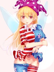 Rule 34 | 1girl, american flag dress, american flag legwear, american flag shirt, bad id, bad pixiv id, blonde hair, blush, clothes pull, clownpiece, fairy wings, hat, jester cap, long hair, looking at viewer, no panties, pantyhose, pantyhose pull, print pantyhose, red eyes, short sleeves, simple background, smile, solo, star (symbol), striped clothes, striped pantyhose, tongue, tongue out, touhou, wings, yonaga (masa07240)