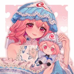 Rule 34 | 1girl, absurdres, adapted costume, blue dress, blue hat, blush, breasts, cleavage, closed mouth, doll, dress, fingernails, frilled sleeves, frills, fumo (doll), hair between eyes, hat, heart, heart background, highres, lips, long sleeves, looking at viewer, mob cap, nail polish, photo-referenced, pink eyes, pink hair, pink nails, qiu ju, saigyouji yuyuko, short hair, small breasts, smile, solo, touhou, triangular headpiece, upper body, wide sleeves