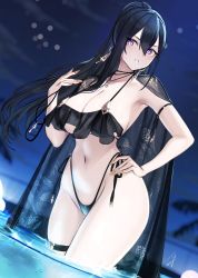 Rule 34 | 1girl, bare shoulders, bikini, black bikini, black hair, blush, breasts, cape, classy-black-haired girl (hayabusa), cleavage, collarbone, hand on own hip, hayabusa, high-waist bikini, highleg, highleg bikini, highres, large breasts, long hair, looking at viewer, mole, mole under eye, mole under mouth, nail polish, navel, original, partially submerged, ponytail, purple eyes, see-through cape, side-tie bikini bottom, solo, swimsuit, thigh strap, thighs, underbust
