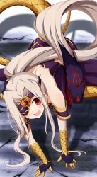 Rule 34 | 1girl, :d, absurdres, bare shoulders, commentary request, cosplay, eyepatch, eyes visible through hair, fangs, fate/kaleid liner prisma illya, fate (series), gloves, gorgon (fate), gorgon (fate) (cosplay), grey hair, highres, illyasviel von einzbern, long hair, looking at viewer, medusa (fate), medusa (rider) (fate), morokoshi (tekku), open mouth, ponytail, prehensile hair, prisma illya, red eyes, rider, scales, smile, solo, square pupils, tail, teeth, upper teeth only, very long hair