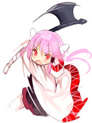 Rule 34 | &gt;:o, 1girl, :o, arms up, axe, battle axe, black skirt, blush, coat, fang, head wings, holding, holding axe, hood, hood down, kurasuke, long hair, long sleeves, looking at viewer, open mouth, original, overcoat, pink hair, red eyes, simple background, sketch, skirt, solo, two-handed, v-shaped eyebrows, weapon, white background, white wings, wings
