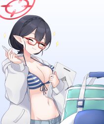 Rule 34 | 1girl, ayane (blue archive), ayane (swimsuit) (blue archive), bikini, bikini top only, black hair, blue archive, blue bikini, blush, breasts, cleavage, clipboard, closed eyes, closed mouth, commentary request, front-tie bikini top, front-tie top, glasses, green bag, halo, halterneck, hands up, happy, highres, holding, holding clipboard, holding pen, jacket, large breasts, long hair, long sleeves, navel, official alternate costume, open clothes, open jacket, partial commentary, pen, pointy ears, red-framed eyewear, red halo, solo, striped bikini, striped clothes, swimsuit, uuronhai, white jacket