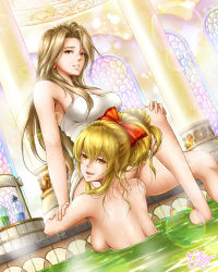 Rule 34 | 10s, 2girls, arch, arm support, back, bad id, bad pixiv id, bare arms, bare back, barefoot, bath, bathing, blonde hair, bow, breasts, brown eyes, brown hair, bubble, bucket, dutch angle, earrings, eyelashes, female focus, fingernails, granblue fantasy, hair between eyes, hair bow, hand on own arm, highres, indoors, jewelry, katalina (granblue fantasy), knee up, leg up, lips, liquid, long hair, looking at viewer, looking back, medium breasts, messy hair, multiple girls, naked towel, nude, onsen, open mouth, orange eyes, parted lips, partially submerged, pillar, ponytail, red bow, rioreo, shampoo bottle, sideboob, sidelocks, signature, sitting, smile, soaking feet, sparkle, stained glass, steam, submerged, teeth, towel, vira (granblue fantasy), water, wet, wooden bucket