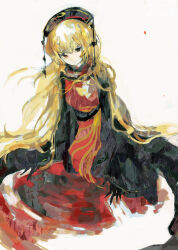 Rule 34 | 1girl, animal print, belt, bird print, black belt, black dress, black hands, black hat, blonde hair, blood, blood on ground, chinese clothes, closed mouth, colored extremities, commentary, crescent, crescent print, dress, english commentary, hair between eyes, hat, highres, junko (touhou), long hair, long sleeves, looking at viewer, mandarin collar, neck ribbon, phoenix crown, phoenix print, pom pom (clothes), red eyes, red tabard, ribbon, simple background, sitting, solo, tabard, tassel, touhou, tsukamoto anabone, very long hair, white background, wide sleeves, yellow ribbon