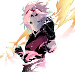 Rule 34 | 1girl, black gloves, breasts, clenched hand, cofffee, fighting stance, foreshortening, gloves, green eyes, hairband, haruno sakura, looking at viewer, naruto (series), parted bangs, pink hair, red shirt, shirt, short hair, sleeveless, sleeveless shirt, small breasts, solo, upper body, v-shaped eyebrows, white background